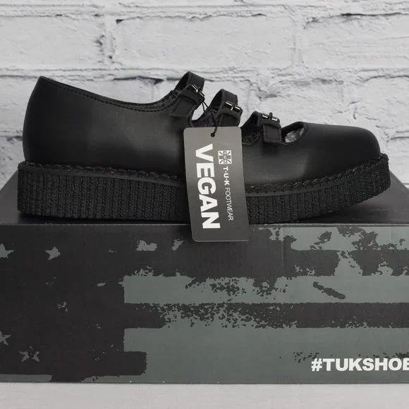 NEW IN BOX T.U.K. Footwear Women's Black TUKskin Pointed 3-Strap Mary Jane Shoes - Picture 1 of 8